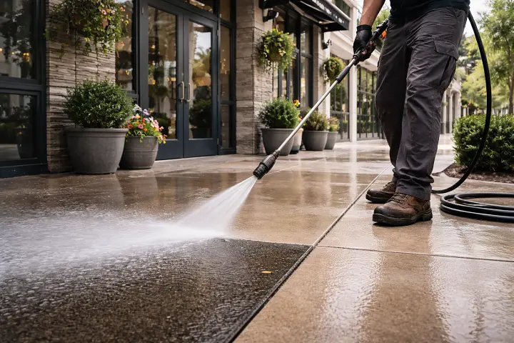 Clean commercial storefront after professional washing showing welcoming entrance in Columbia SC