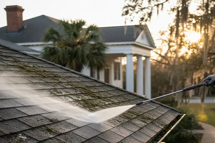 Soft wash roof cleaning removing algae and black streaks from shingles in Columbia SC
