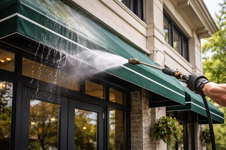 Professional awning cleaning restoring color to canvas business awning in Columbia SC