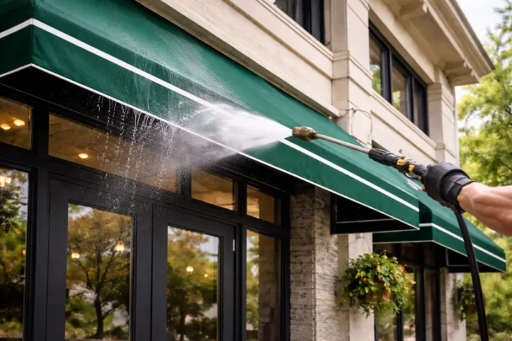 Restored business awning showing vibrant clean color after professional cleaning in Columbia SC