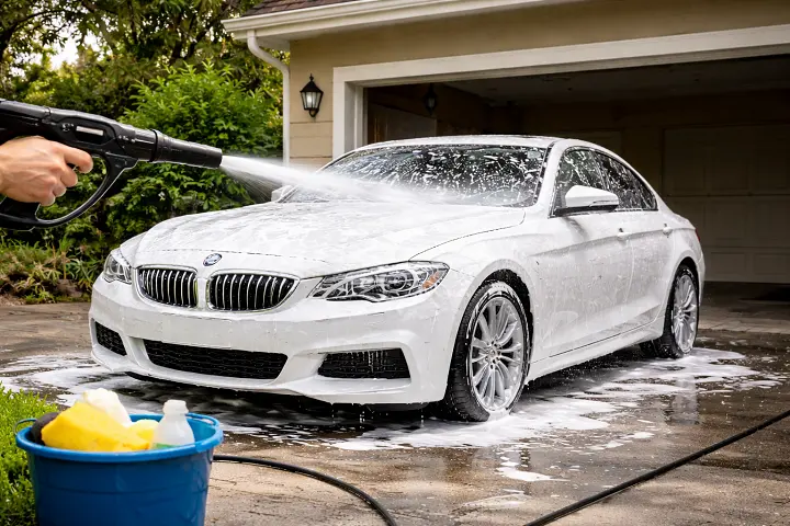 Professional car wash bay cleaning removing mineral deposits and soap scum in Columbia SC