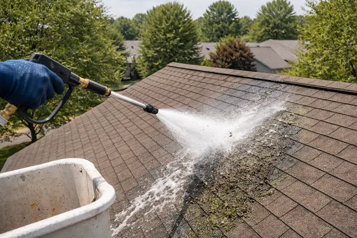 Roof cleaning results showing clean shingles after algae removal in Columbia SC
