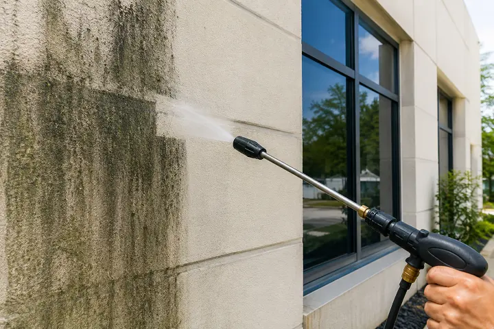 Professional soft wash cleaning removing mold and staining from commercial building in Columbia SC